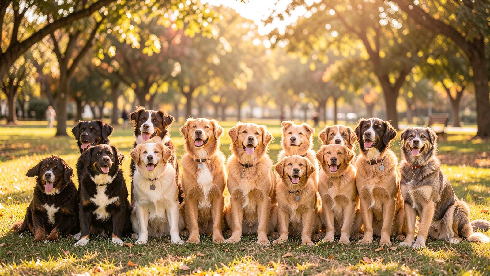 A group of dogs sitting together in a sunny park