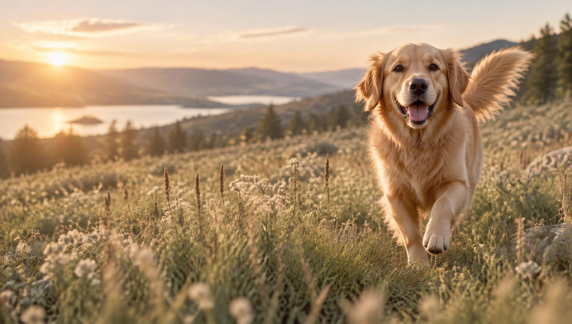 Golden retriever running through a sunlit meadow